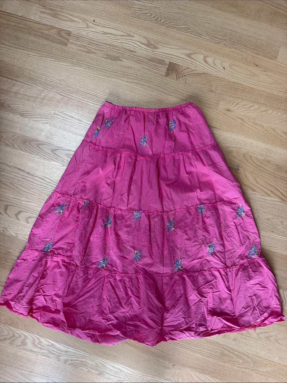 Pink Tiered Embroidered Maxi Skirt